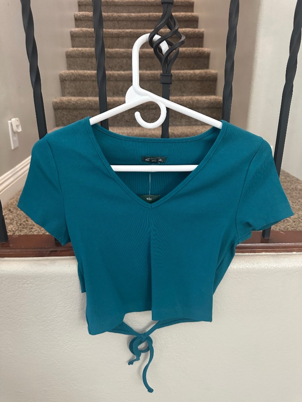 wild fable Teal V-Neck Tie-Front Ribbed Crop Top